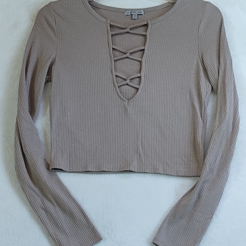 Charlotte Russe Taupe Ribbed Long Sleeve Cropped Top With Cross Cross Detal
